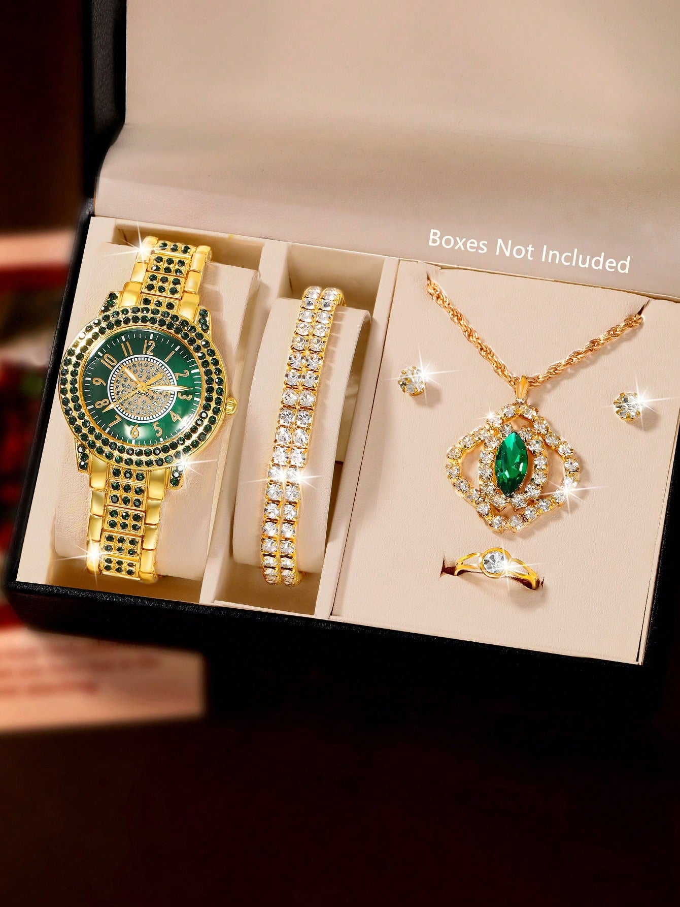 Ladies' Watch 7-Piece Set Is Magnificent and Fashionable. It Features a Full Diamond round Dial, a Full Diamond Case and Strap. It Is a Luxurious Quartz Watch and a Pendant Necklace, Earrings, Ring and Bracelet Jewelry Set Suitable for Daily Wear, Back-To-School Season, Graduation Season, Thanksgiving, Couples, the Best Gifts Watch Box Not Included