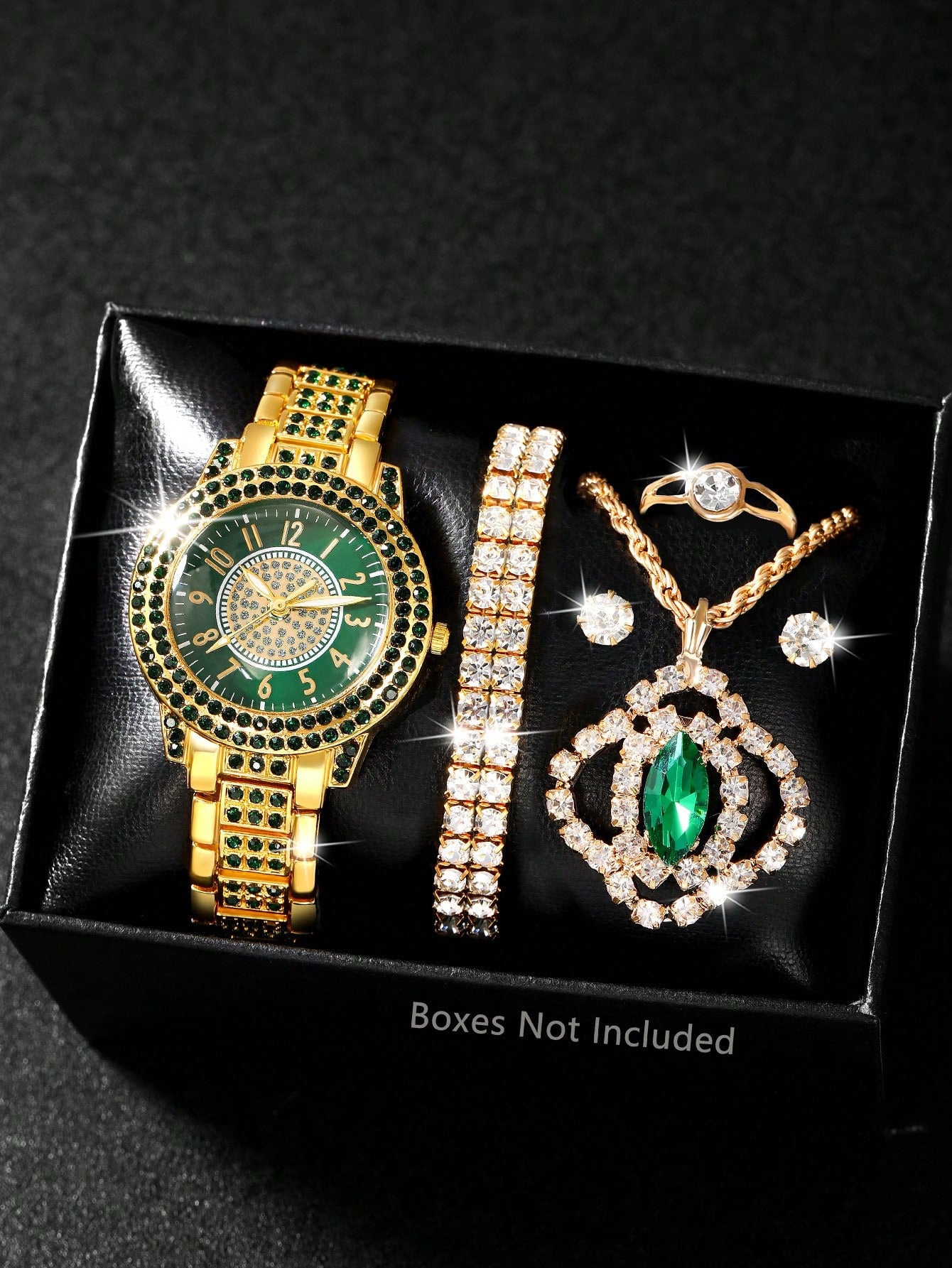 Ladies' Watch 7-Piece Set Is Magnificent and Fashionable. It Features a Full Diamond round Dial, a Full Diamond Case and Strap. It Is a Luxurious Quartz Watch and a Pendant Necklace, Earrings, Ring and Bracelet Jewelry Set Suitable for Daily Wear, Back-To-School Season, Graduation Season, Thanksgiving, Couples, the Best Gifts Watch Box Not Included