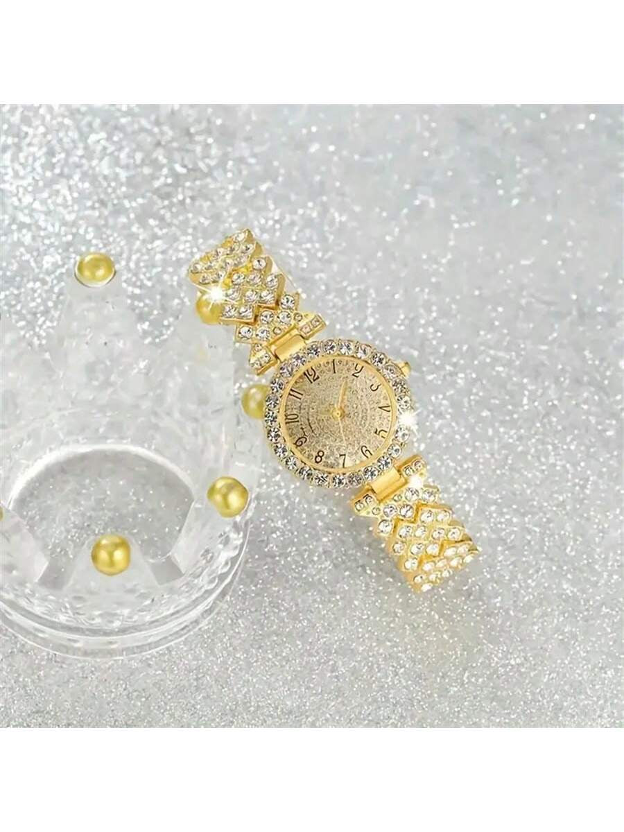 2Pcs Elegant Quartz Watch with Jewelry Accessory Set, Fashionable round Lady Wrist Watch & Rhinestone Bracelet