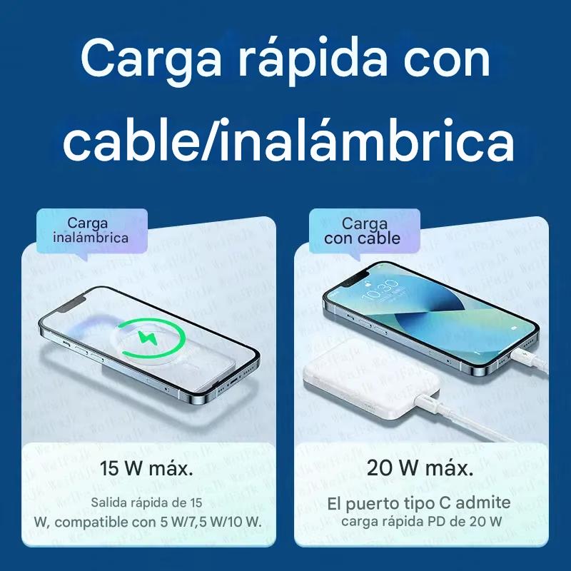 Power Bank Magnético Inalámbrico.Carga Rápida 5000mAh/10000mAh.Compatible con iPhone 12-13-14-15–16 Pro Max y Android