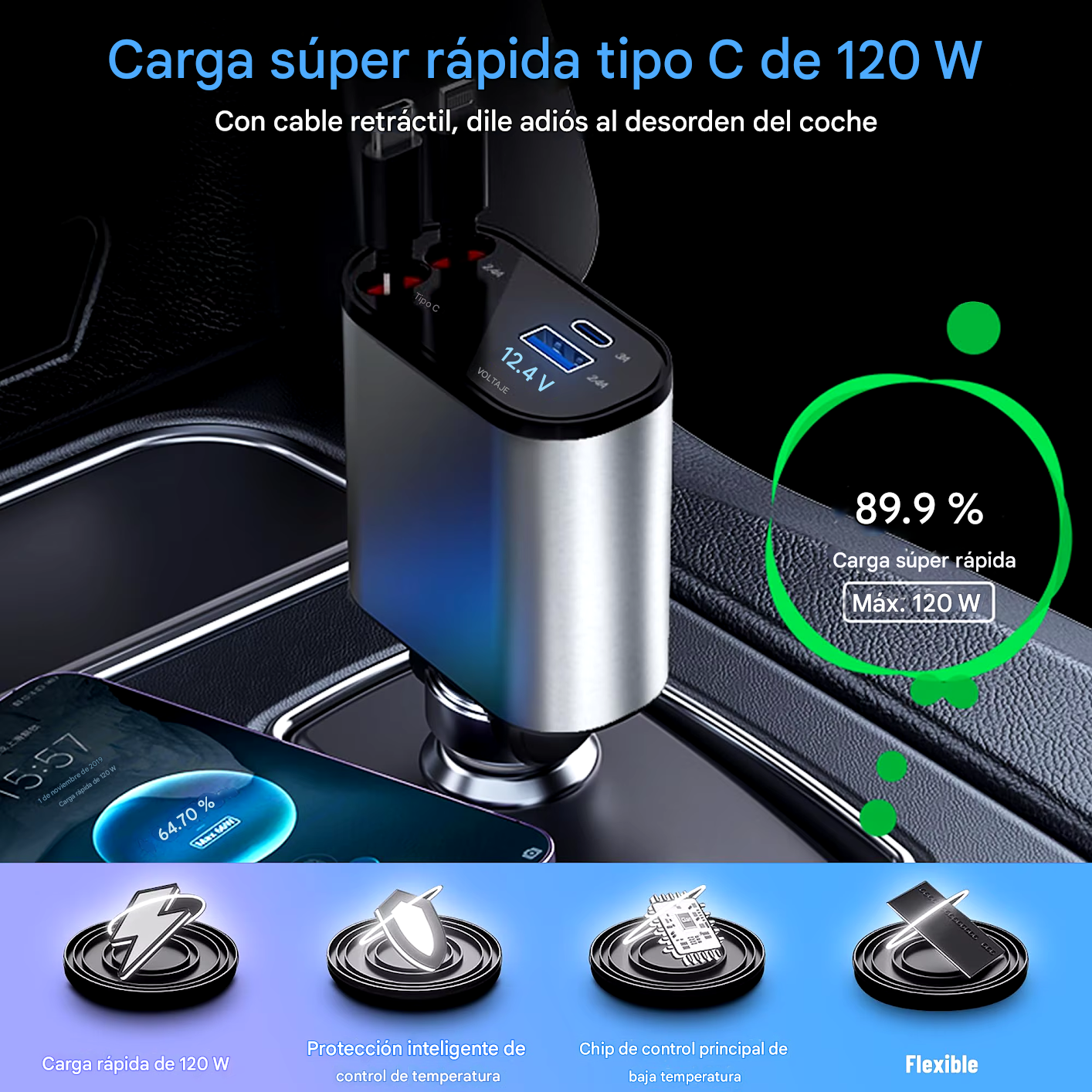 CARGADOR DE COCHE 4 EN 1 RETRÁCTIL