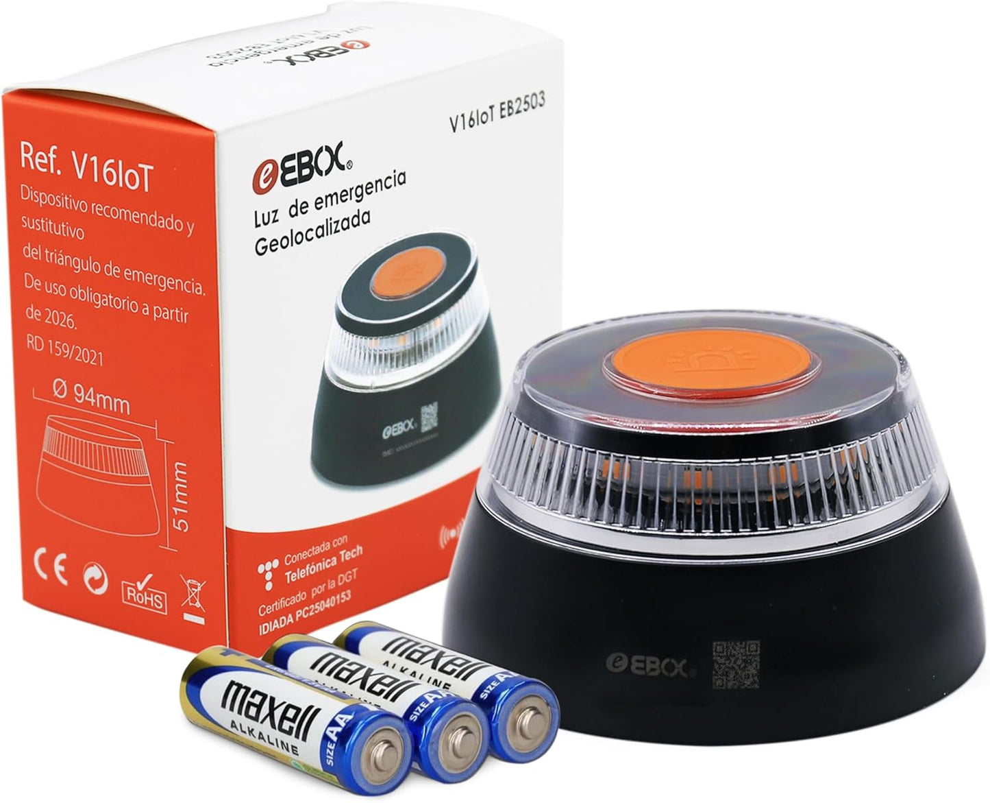 Baliza V16 IoT EBOX Homologada DGT 3.0 con Geolocalización | Luz de Emergencia 360º – Conexión GPS + eSIM Telefónica Tech hasta 2038 | Obligatoria desde Enero 2026