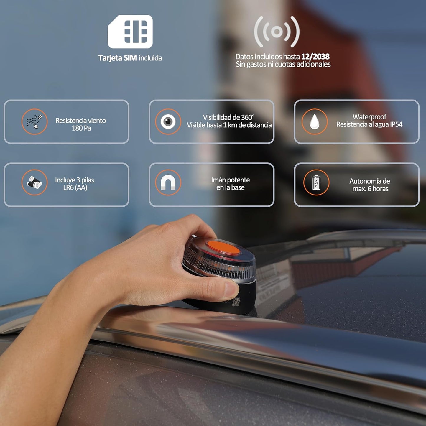 Baliza V16 IoT EBOX Homologada DGT 3.0 con Geolocalización | Luz de Emergencia 360º – Conexión GPS + eSIM Telefónica Tech hasta 2038 | Obligatoria desde Enero 2026