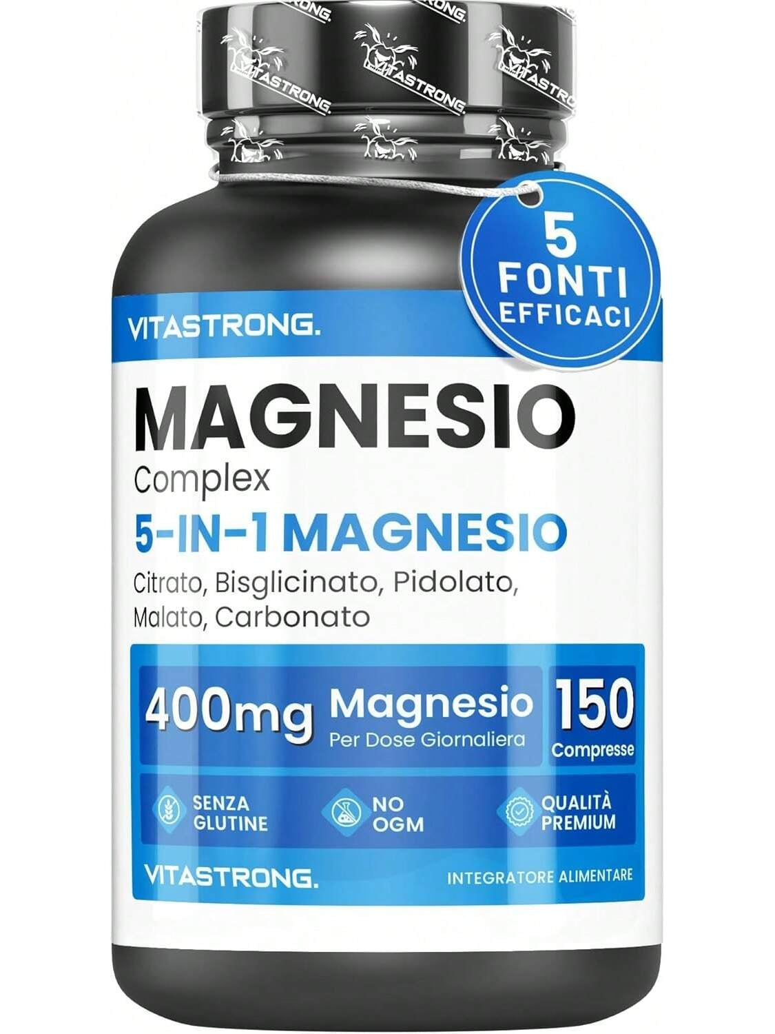 Vitastrong Complete Magnesium Tablets 400Mg per Dose, 5 Sources of Magnesium Bisglycinate, Citrate, Malate, Pidolate, Carbonate, Gluten and GMO Free Magnesium Supplement Tablets, Premium Quality