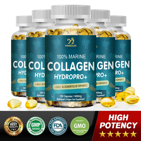 Powerful Marine Collagen - with Hyaluronic Acid, Biotin & Blueberry - 1400Mg Complex-Hydrolyzed Type 1-With Vitamins & Minerals
