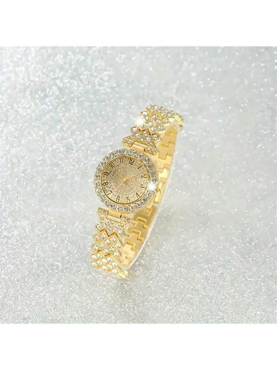 2Pcs Elegant Quartz Watch with Jewelry Accessory Set, Fashionable round Lady Wrist Watch & Rhinestone Bracelet