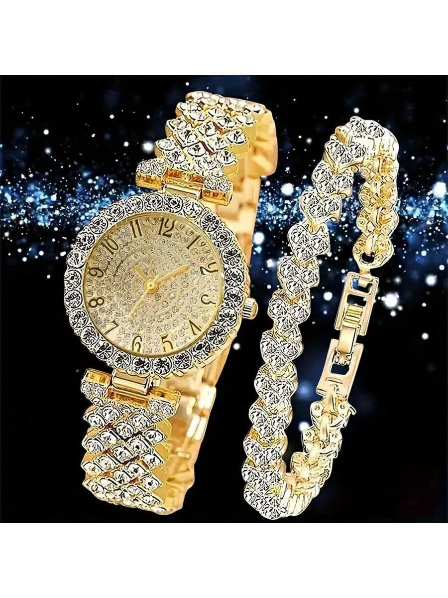 2Pcs Elegant Quartz Watch with Jewelry Accessory Set, Fashionable round Lady Wrist Watch & Rhinestone Bracelet