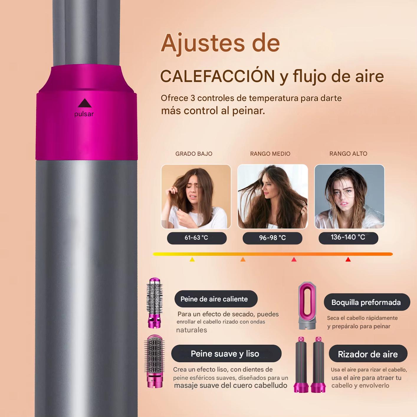 Plancha y Secador 5 en 1 Multifuncional – Secador de Aire Caliente, Rizadora, Alisadora y Cepillo de Estilo Profesional