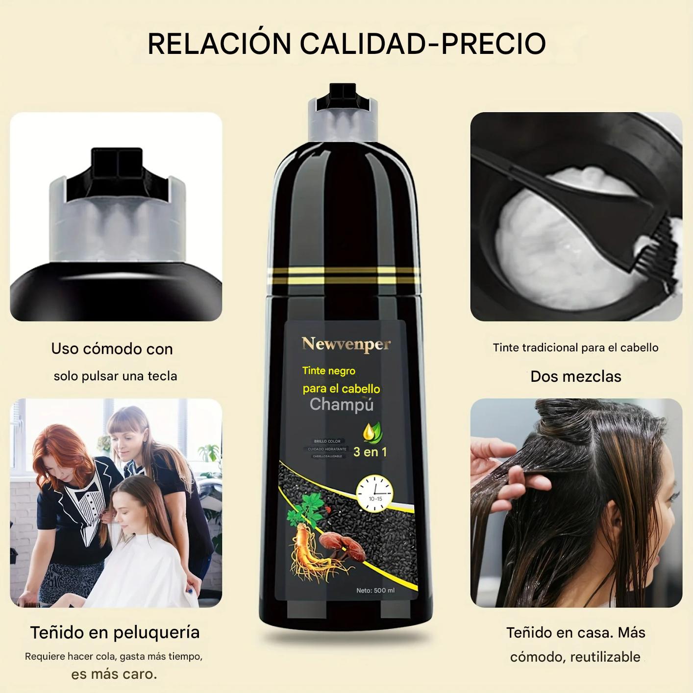 Shampoo Tinte Negro 500ML – Cabello Negro Intenso en Minutos – Fórmula Natural, Duradera y Sin Amoníaco para Hombres y Mujeres