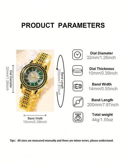 Ladies' Watch 7-Piece Set Is Magnificent and Fashionable. It Features a Full Diamond round Dial, a Full Diamond Case and Strap. It Is a Luxurious Quartz Watch and a Pendant Necklace, Earrings, Ring and Bracelet Jewelry Set Suitable for Daily Wear, Back-To-School Season, Graduation Season, Thanksgiving, Couples, the Best Gifts Watch Box Not Included
