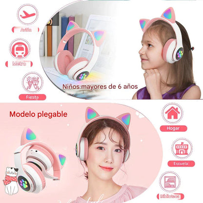 Audífonos Bluetooth con Orejas de Gato LED – Para Niñas y Gamers