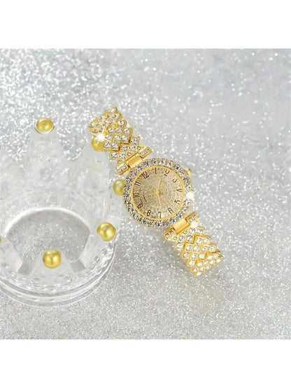 2Pcs Elegant Quartz Watch with Jewelry Accessory Set, Fashionable round Lady Wrist Watch & Rhinestone Bracelet