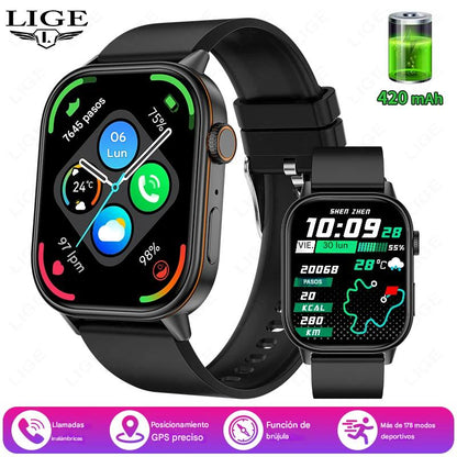 Smartwatch LIGE 2025 GPS con Pantalla HD 2.01”, Llamadas Bluetooth, Monitoreo de Salud y Brújula. Reloj Inteligente IP68 para Hombres y Mujeres