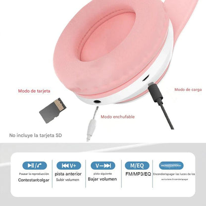Audífonos Bluetooth con Orejas de Gato LED – Para Niñas y Gamers