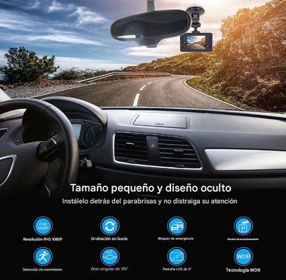 Cámara de Coche Full HD 1080P.Grabador de Conducción con Visión Nocturna, Detección de Movimiento y Grabación en Bucle