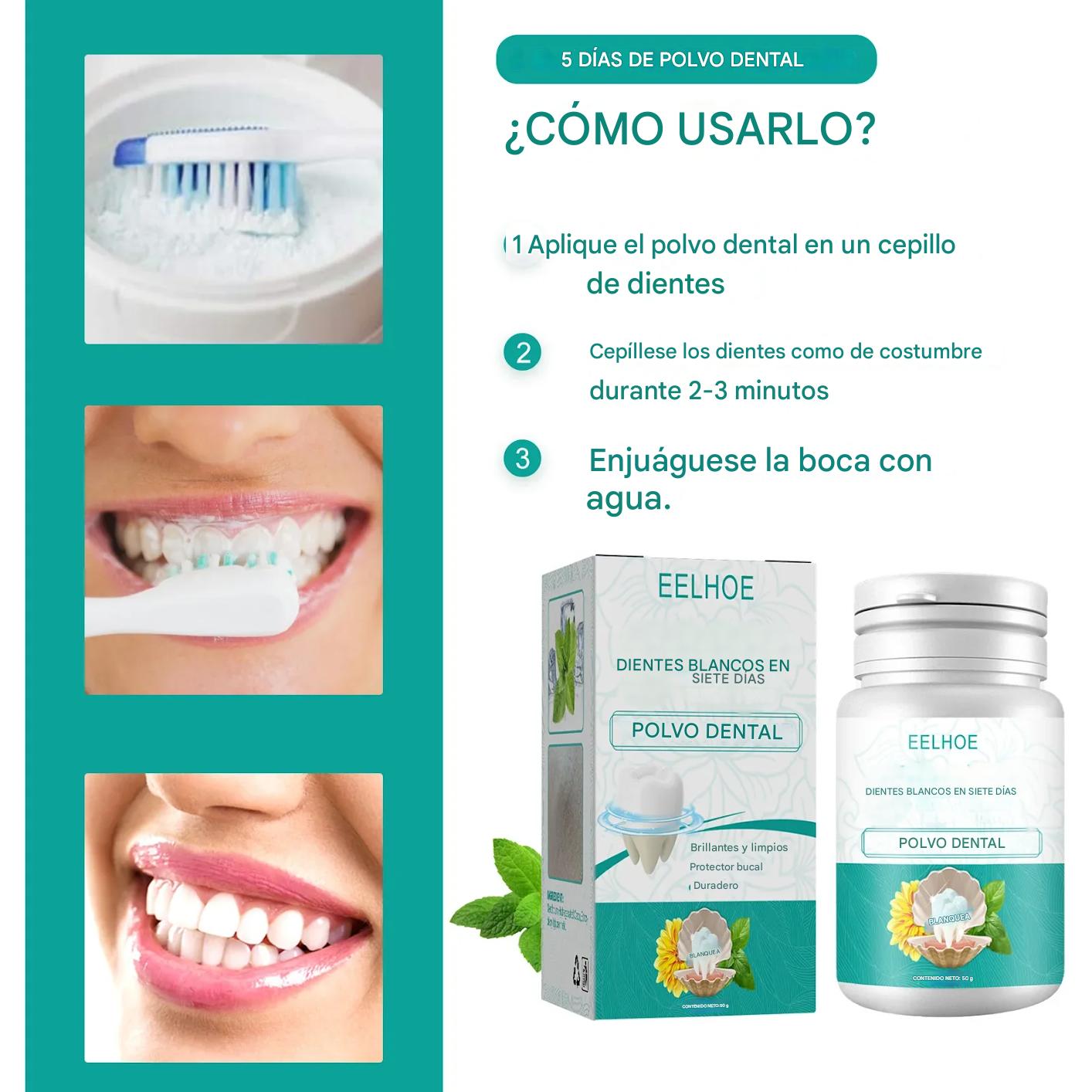 Polvo Blanqueador Dental EELHOE 5 Días. Elimina Manchas, Sarro y Placa. Sonrisa Blanca Natural y Aliento Fresco (50g / 100g)