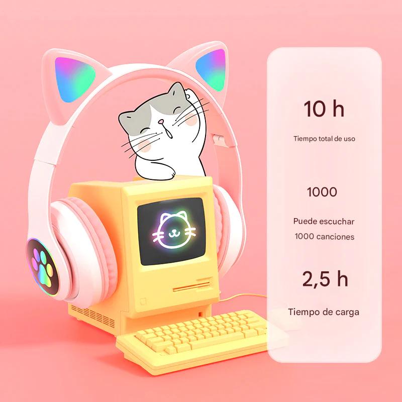 Audífonos Bluetooth con Orejas de Gato LED – Para Niñas y Gamers