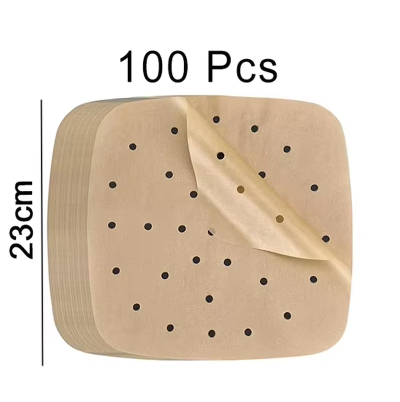100 Pcs Air Fryer Paper Liners for Cosori Ninja 20-24Cm Square Perforated Air Fryer Parchment Paper Disposable Oven Baking Trays
