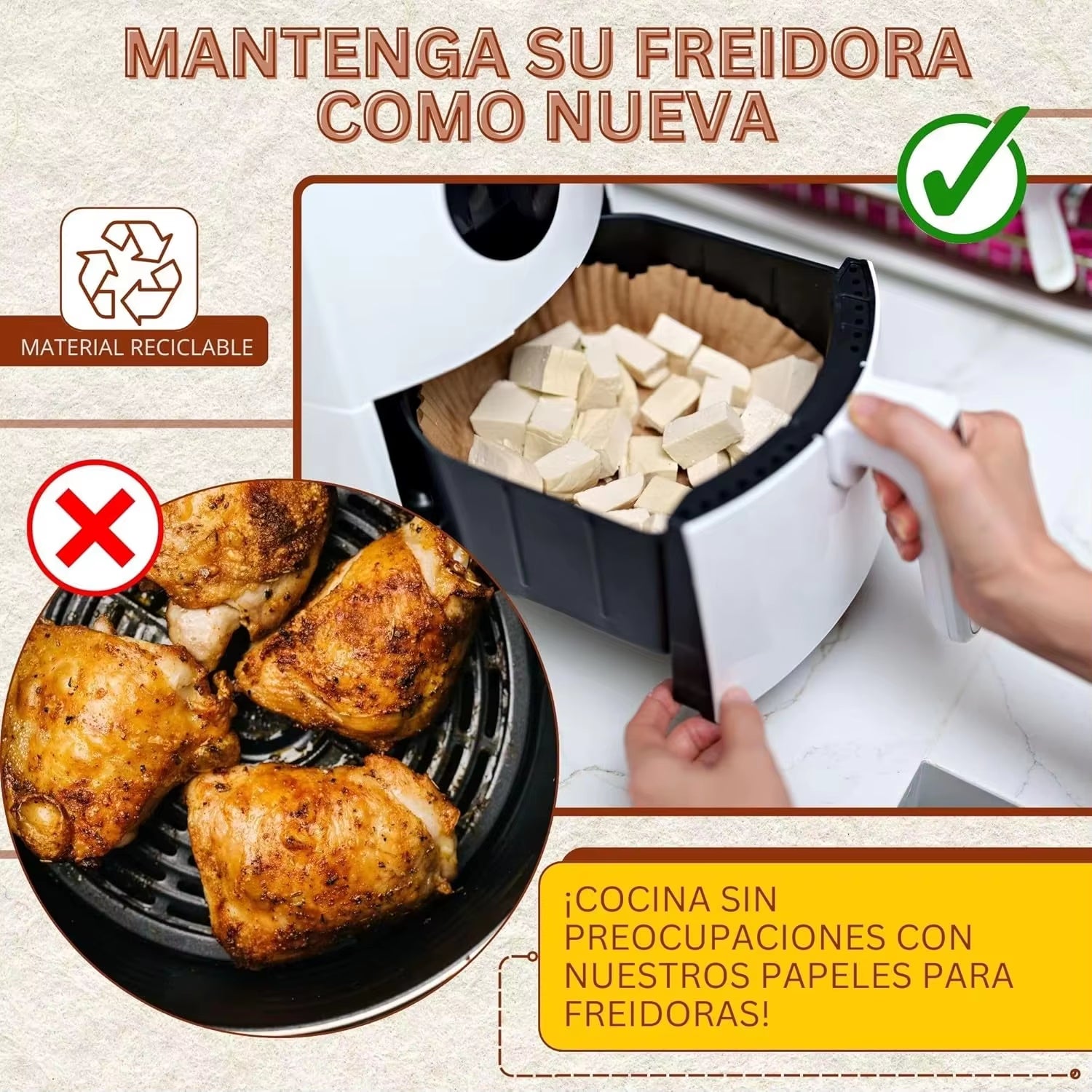 100 Pcs Air Fryer Paper Liners for Cosori Ninja 20-24Cm Square Perforated Air Fryer Parchment Paper Disposable Oven Baking Trays