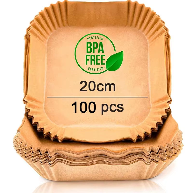 100 Pcs Air Fryer Paper Liners for Cosori Ninja 20-24Cm Square Perforated Air Fryer Parchment Paper Disposable Oven Baking Trays